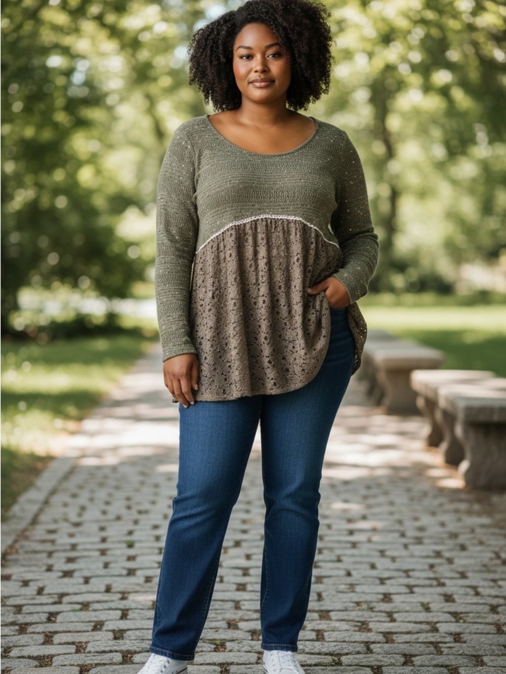 Jodifl Mixed Media Crochet Babydoll Tunic | Olive & Taupe | Size Small | NWT